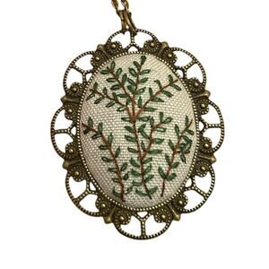Leafy Branch Sprig Embroidery Necklace, Handmade Pendant